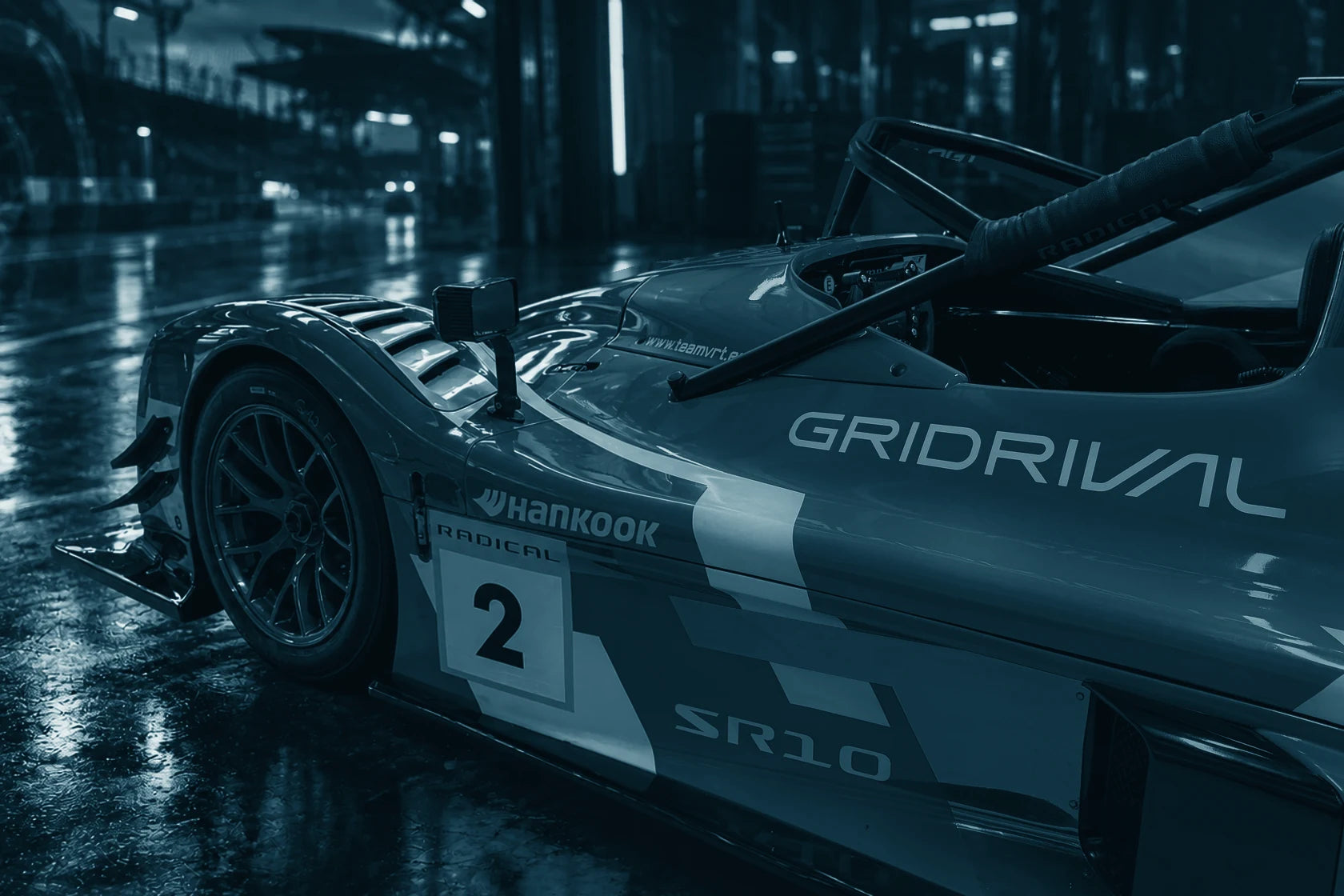GridRival-liveried race car in a petrol-teal photographic treatment